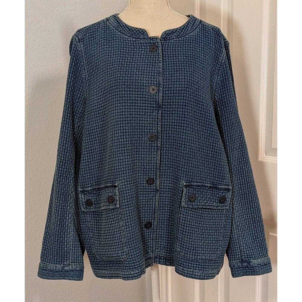 J.Jill Pure Jill Indigo Denim Waffle Shirt Jacket Button Down Boho Rustic Large